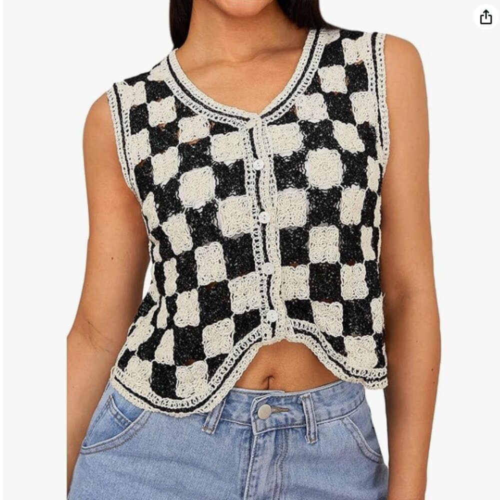 Button Front V Neck Sleeveless Crochet Plaid Checkered Knit Sweater Vest